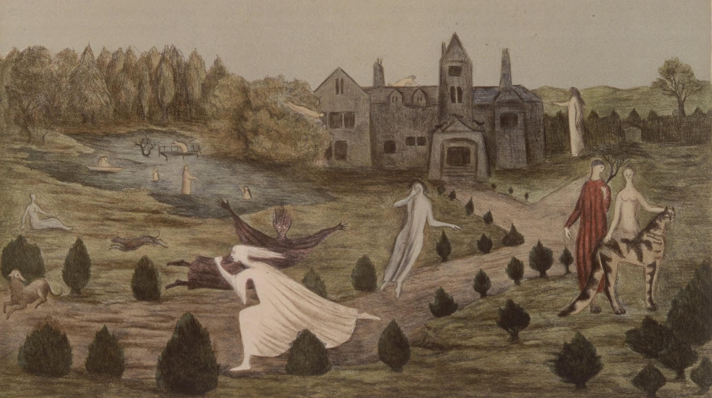 Crookhey Hall, Leonora Carrington 1987 a lithogrpah of the gothic mansion in Lancashire that Carrington spent her childhood in.