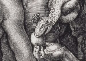 A crowned snake offers fruit to an open hand